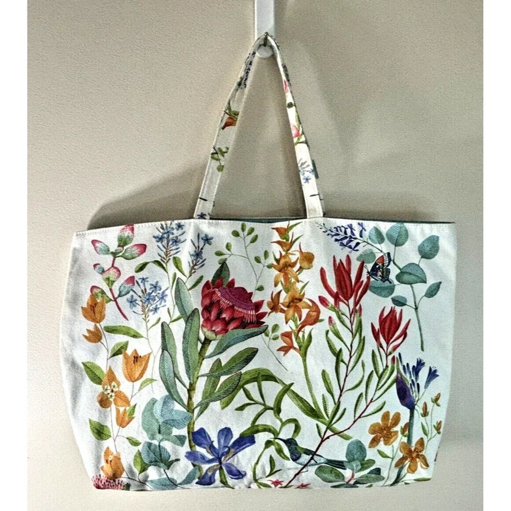 Estee Lauder White Floral Printed Canvas Shopper Tote Bag Mint Green Liner 